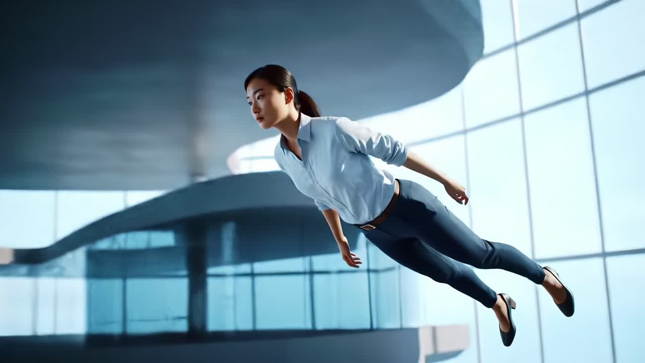 A woman effortlessly glides through a modern architectural space, embodying the elegance of flight while showcasing the beauty of motion against a sleek, contemporary backdrop