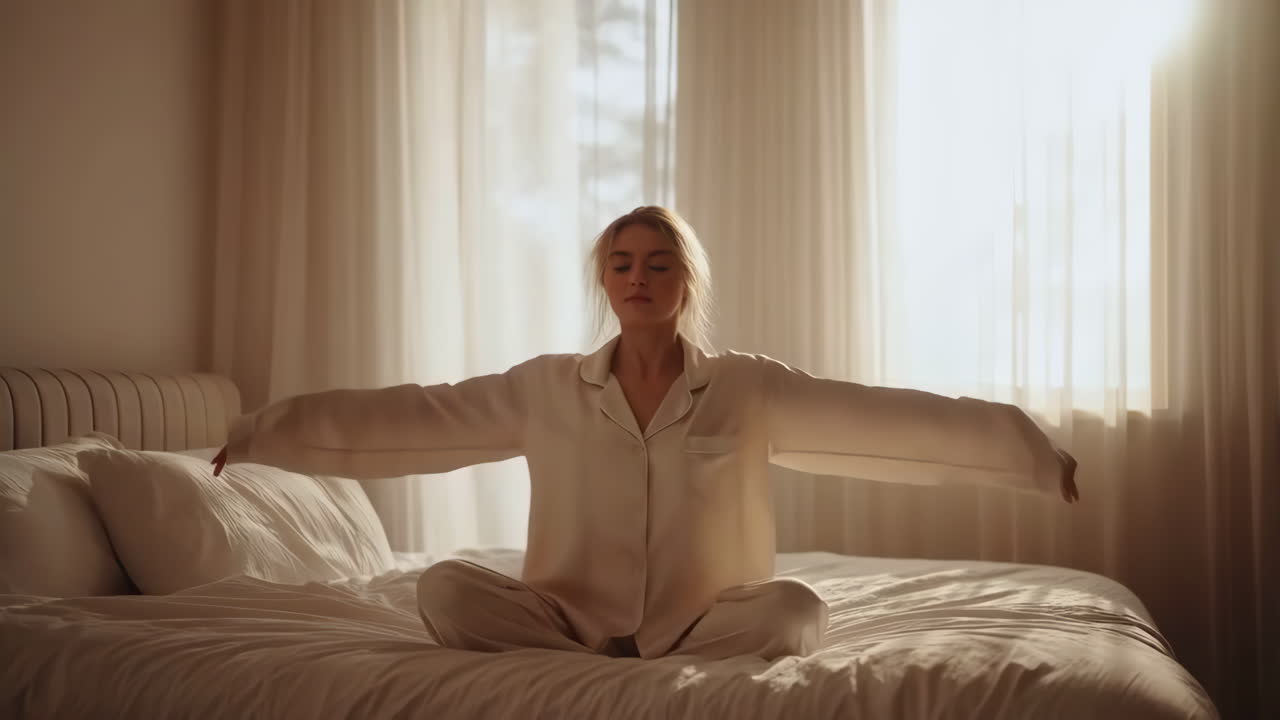 Woman stretching in pajamas on a bed in the morning