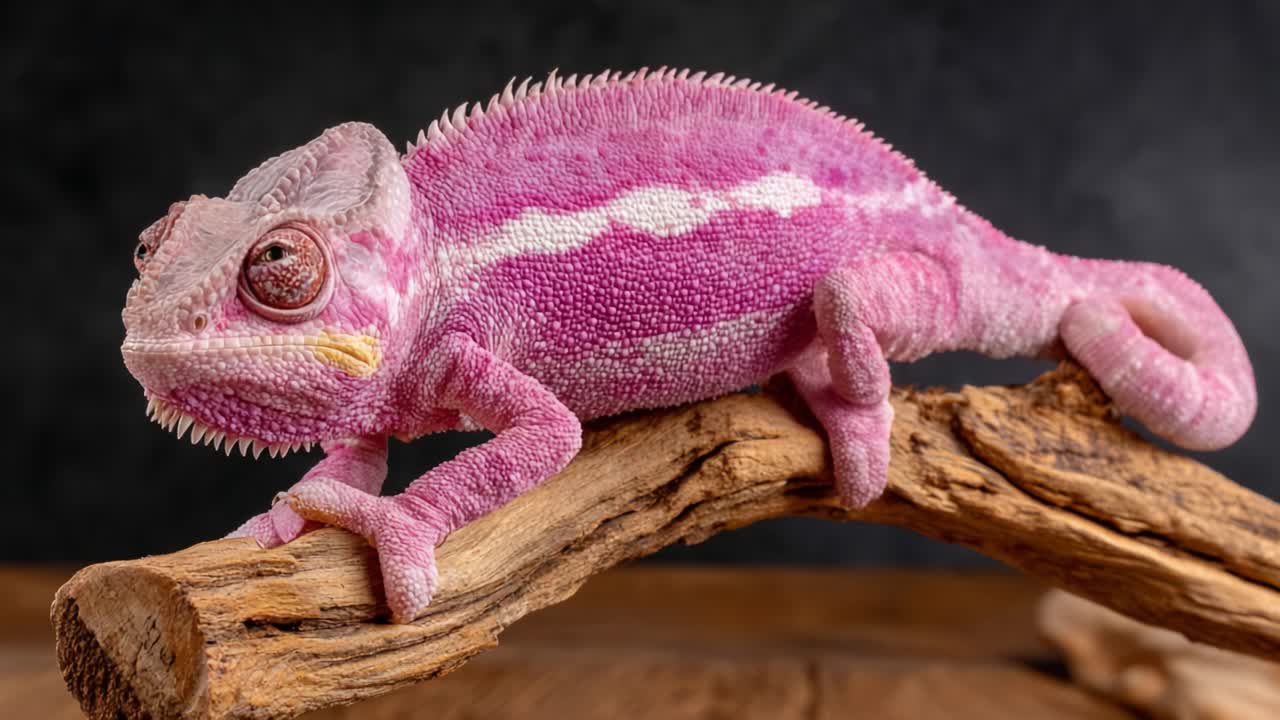 An Enchanting Pink Chameleon Perched Gracefully on a Branch, Showcasing Its Unique Texture and Coloration in a Calm and Natural Setting