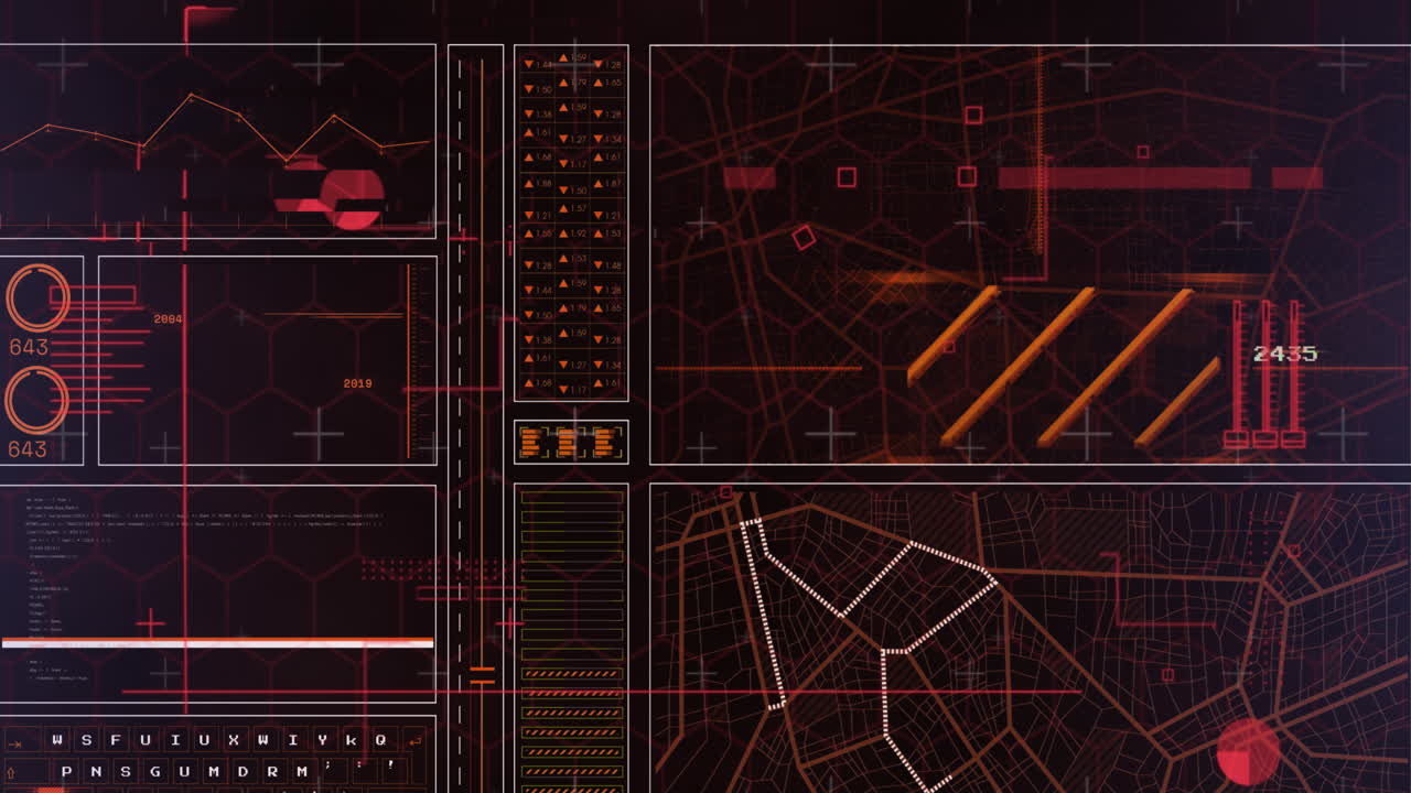 Animation of graphs, loading bars and circles, lines and navigation pattern over black background