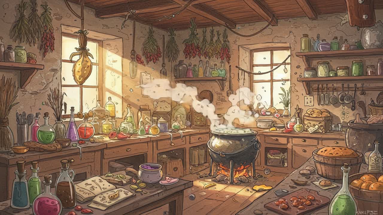 A Cozy Alchemist's Kitchen: A Detailed Scene of Colorful Potions, Mystical Ingredients, and a Bubbling Cauldron Surrounded by Culinary Wonders and Old Recipes