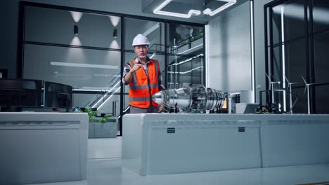 Engineer Inspecting Jet Engine in Modern Facility
