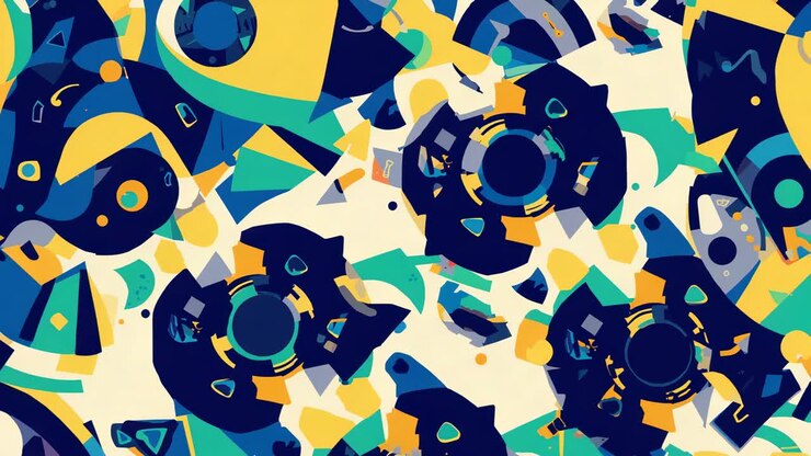 Motion starting navy gear motifs animating on cream field, overlapping yellow arcs, creating rhythm