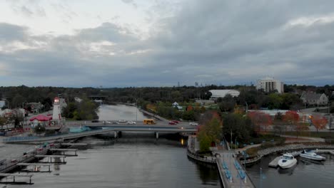 Aerial-shot-flying-up-above-Mississauga-harbor-in-the-early-morning