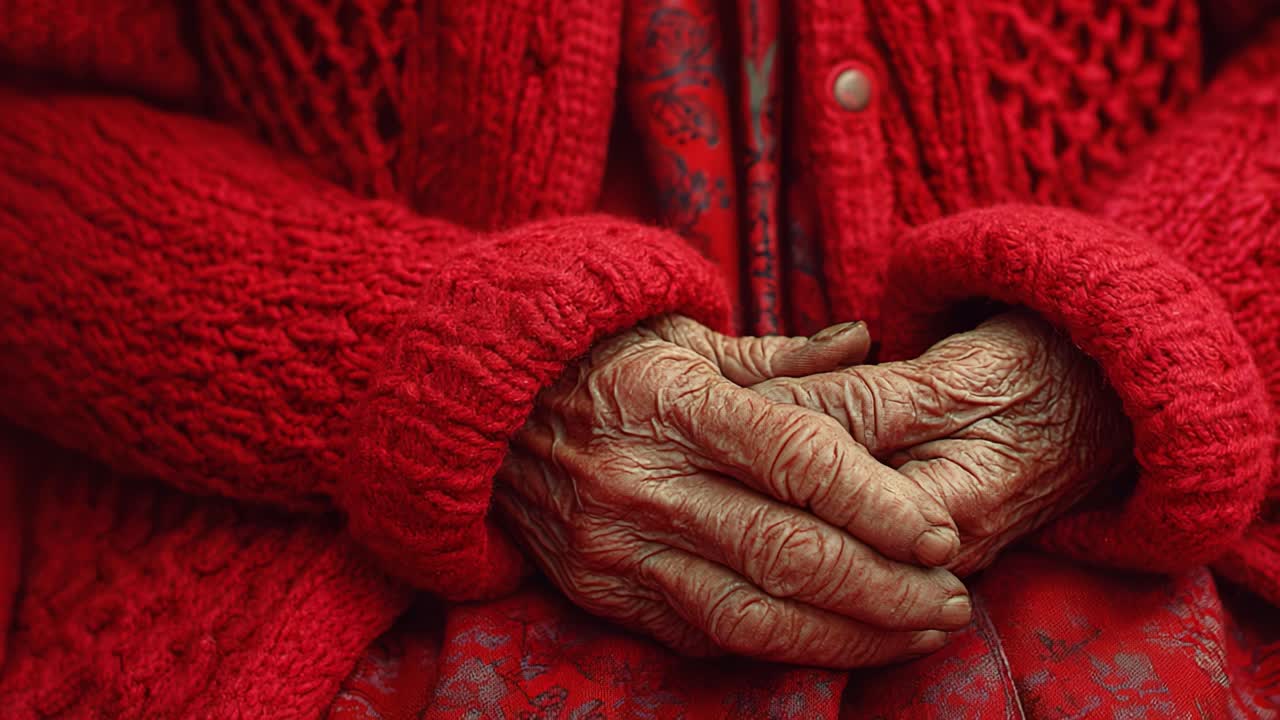 The Beauty of Time: Capturing the Graceful Hands of an Elderly Individual in Red Knitwear, Emphasizing the Stories and Wisdom Embedded in Each Wrinkle