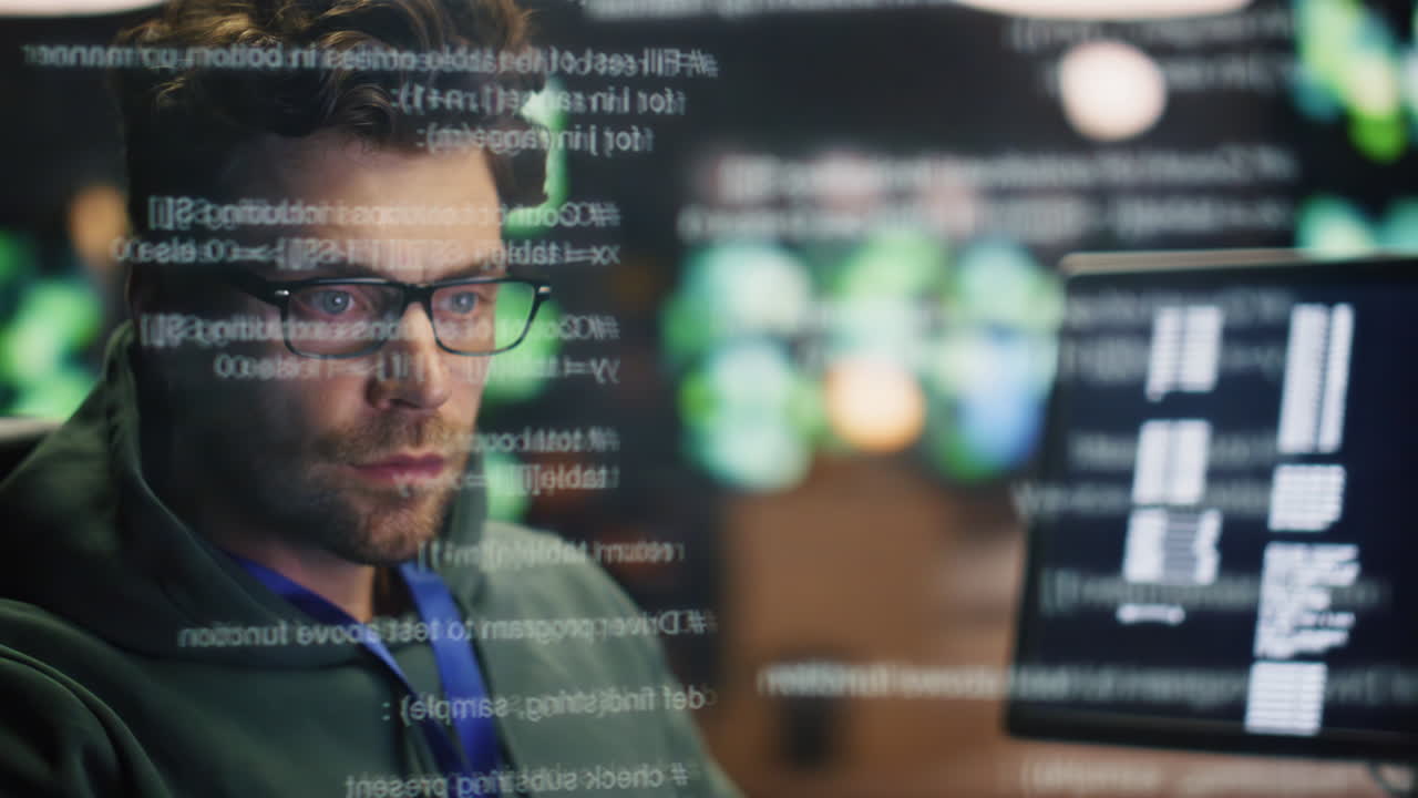 IT programer checking computer code data hologram closeup. Engineer man working