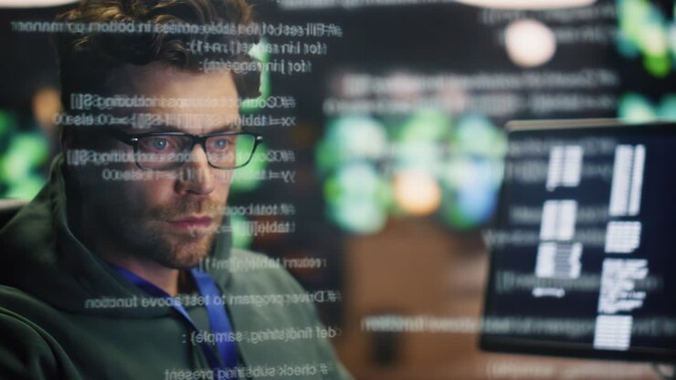IT programer checking computer code data hologram closeup. Engineer man working