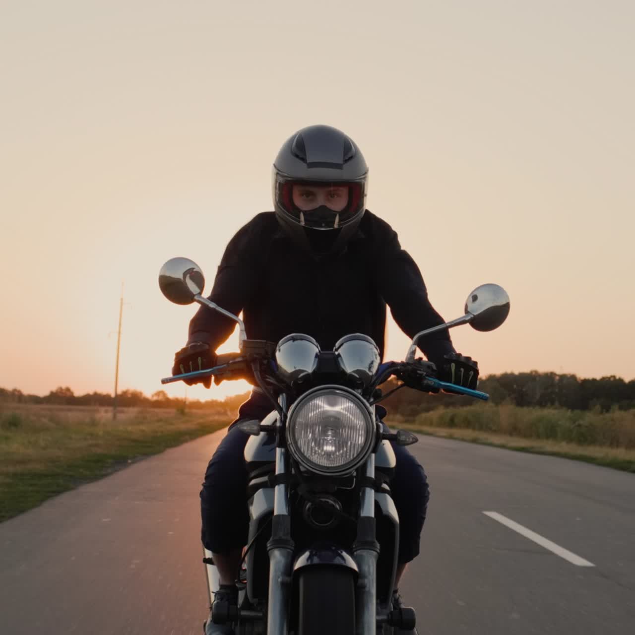 Un motociclista guida una moto prima del tramonto 2