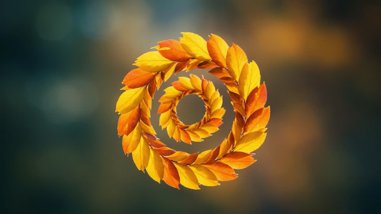 Vibrant Swirling Autumn Leaves: A Dynamic Display of Circular Patterns Creating an Enchanting Natural Spiral in Warm Autumn Hues
