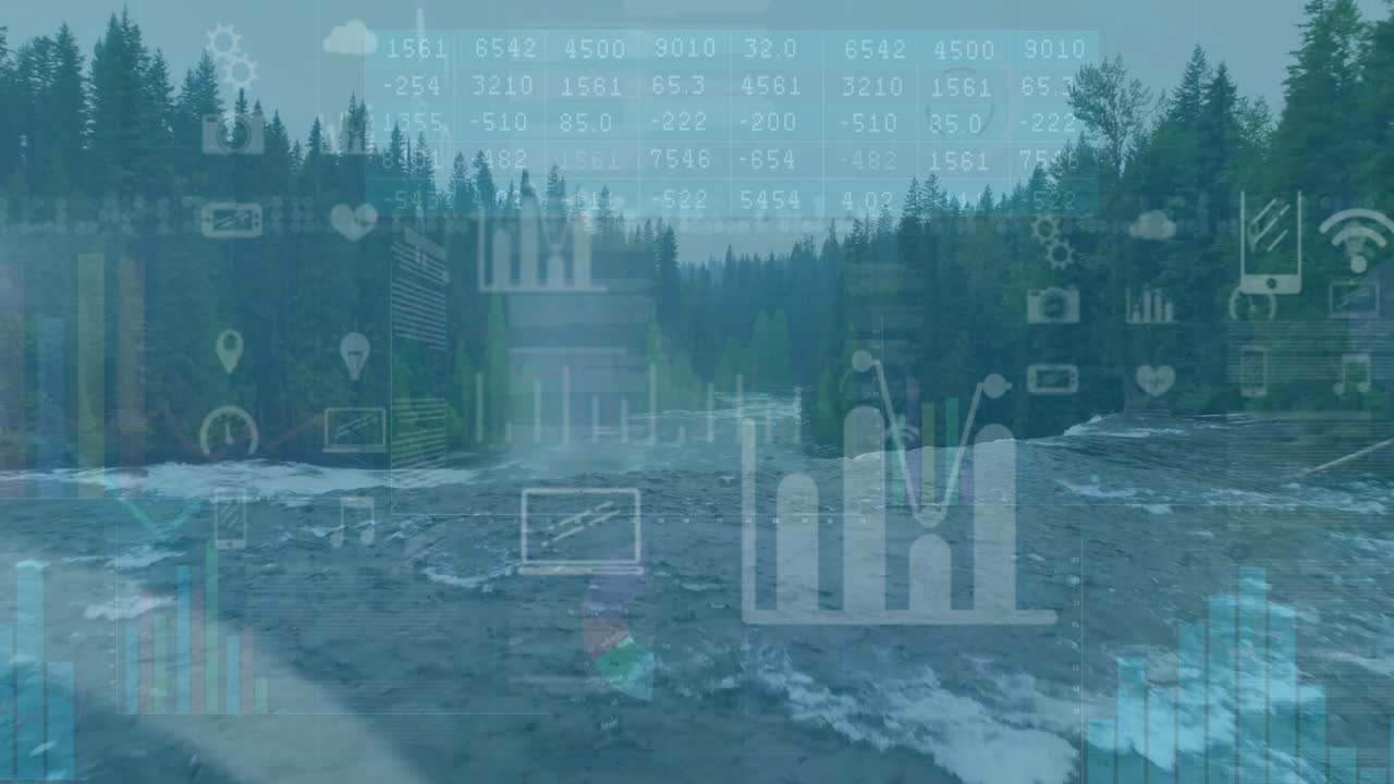 Data analytics and graphs animation over river flowing through forest landscape