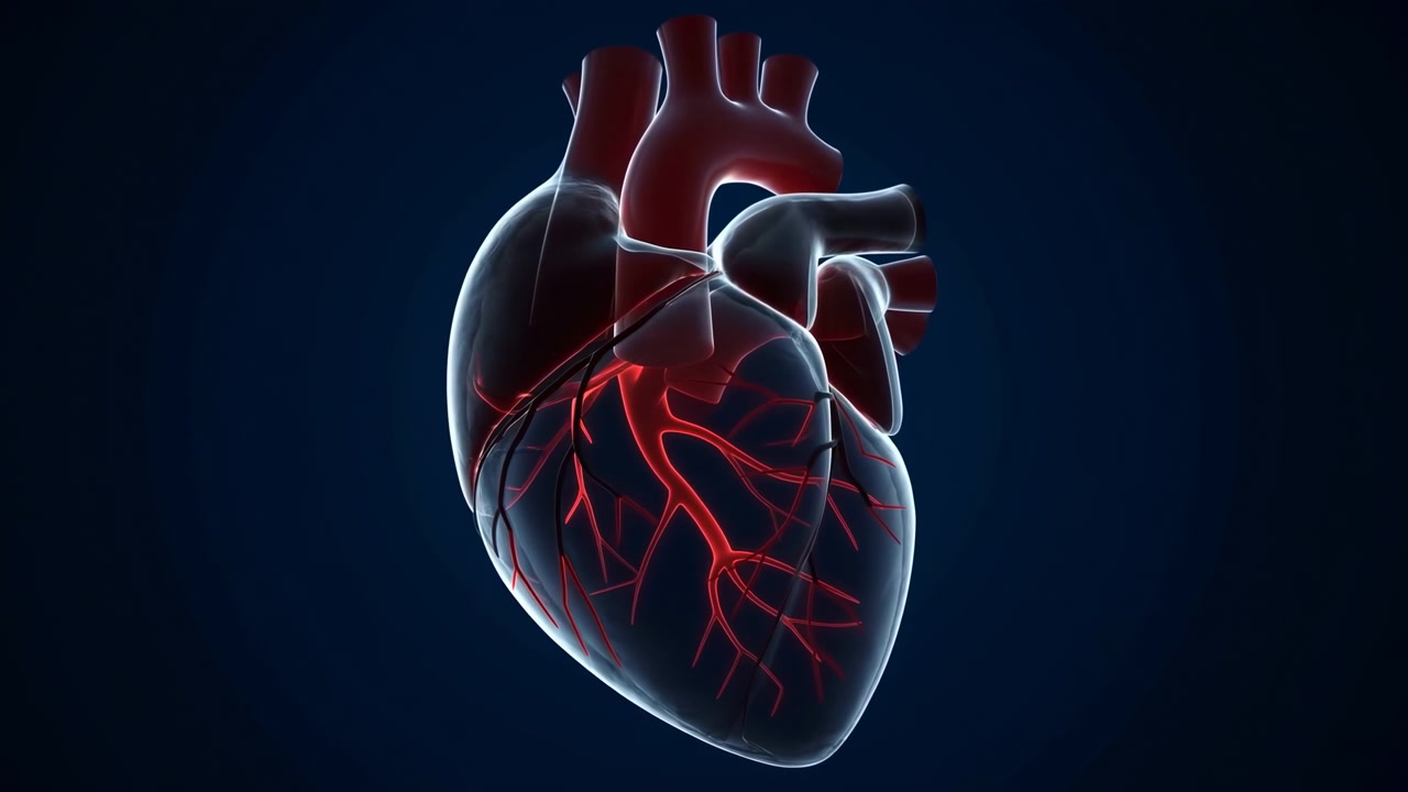 Detailed heart model turns from near frontal view toward an oblique angle while red vascular branches remain visible beneath a dark translucent surface under cool edge lighting.