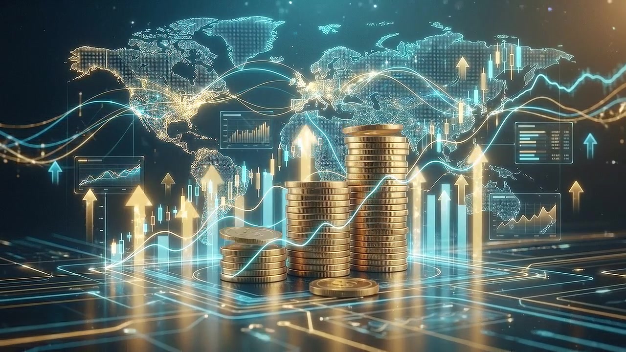 Stigende digitale møntstakke omgivet af glødende finansielle datanetværk
