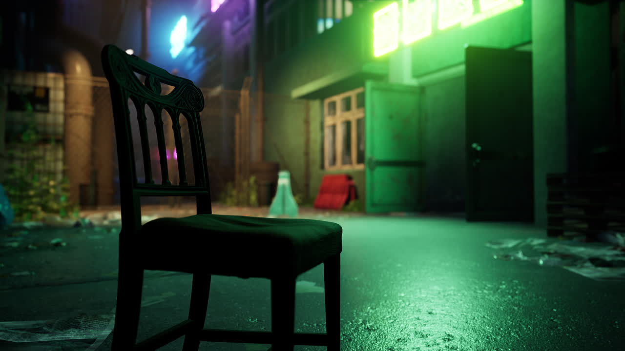 네온 불빛으로 조명된 어두운 골목길에 한 의자가 혼자 앉아 있습니다.