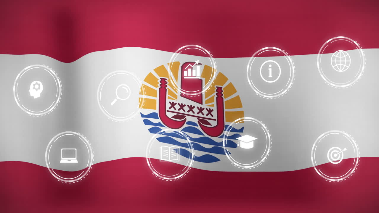 Animation of Polynesian flag with digital icons representing education and technology