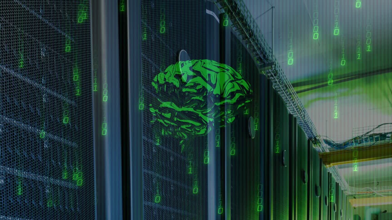 Animation of data processing and digital brain over server room