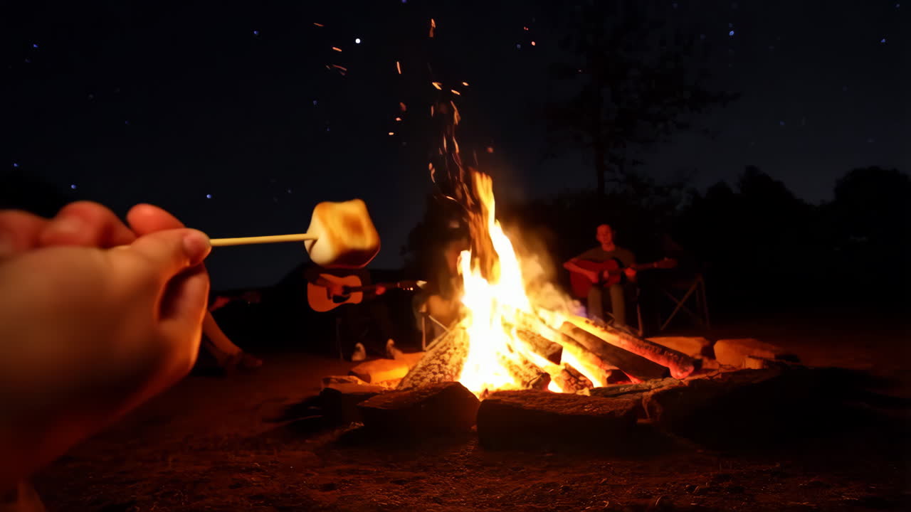 Friends Roasting Marshmallows and Playing Guitar Around a Campfire at Night