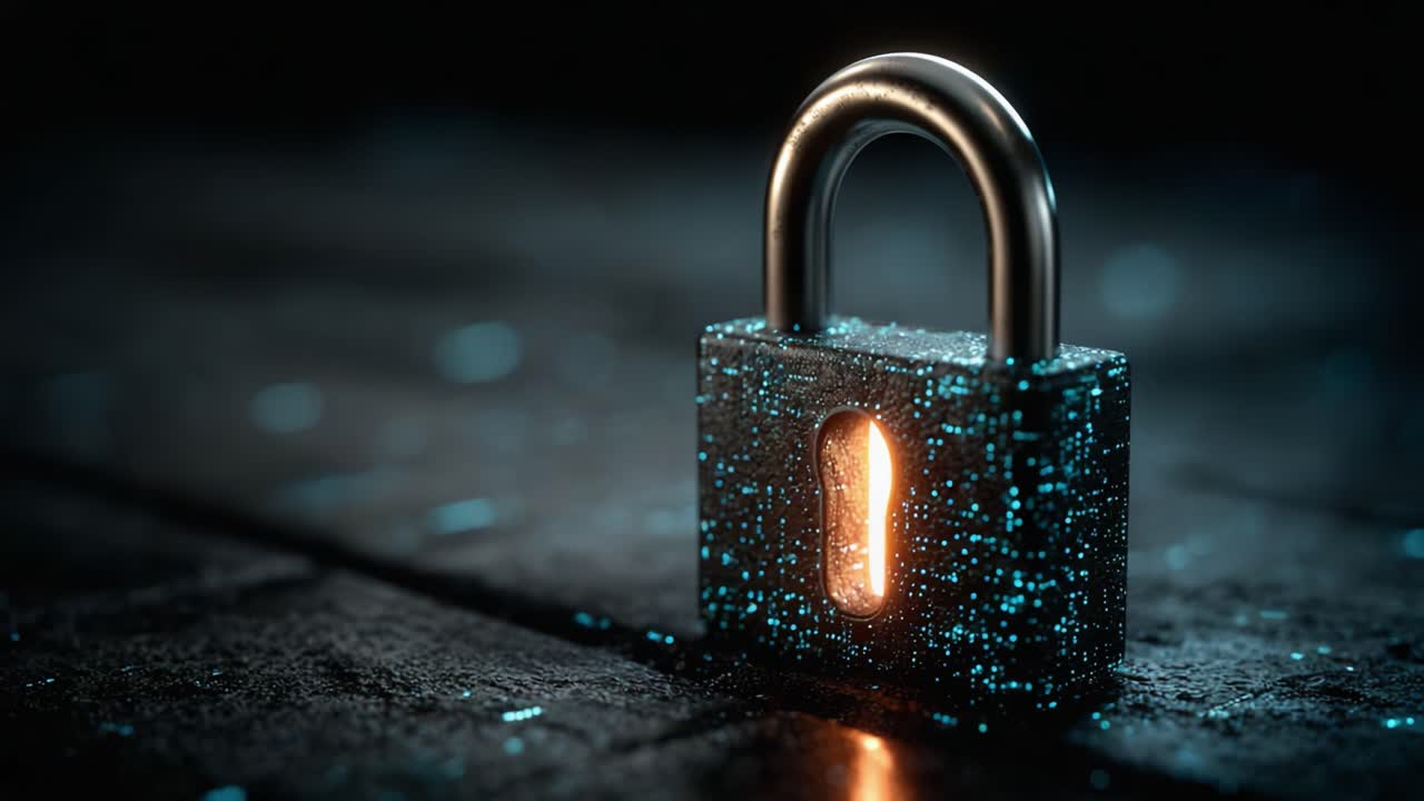 A Stunning 3D Visualization of a Futuristic Lock with Glowing Digital Elements, Highlighting Security and Innovation in a Dark Setting