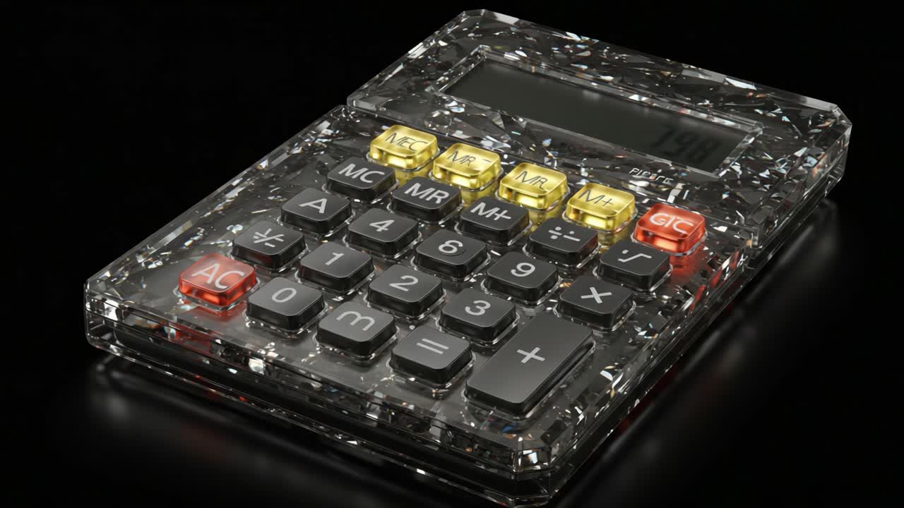 A Stylish and Modern Clear Calculator with Illuminated Buttons: Perfect for Office and Student Use, Showcasing an Elegant Design on a Black Surface