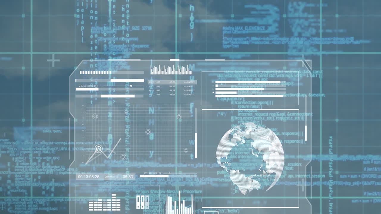 Displaying data charts and world map, digital interface with blue coding animation