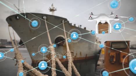 animación de la red de conexiones con iconos sobre el drone de entrega con paquete