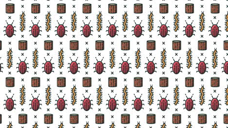 animation of pattern of repeated rows of caterpillars, beetles and tree stumps, on white background