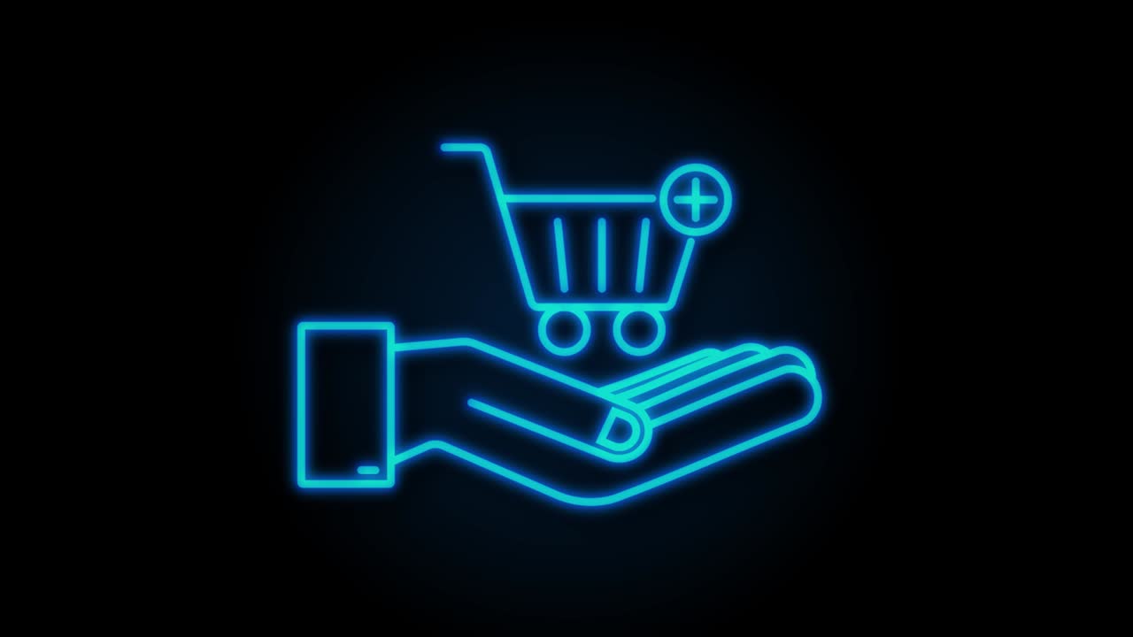 añadir icono de neón al carrito con las manos. icono del carrito de compras. gráfico de movimiento