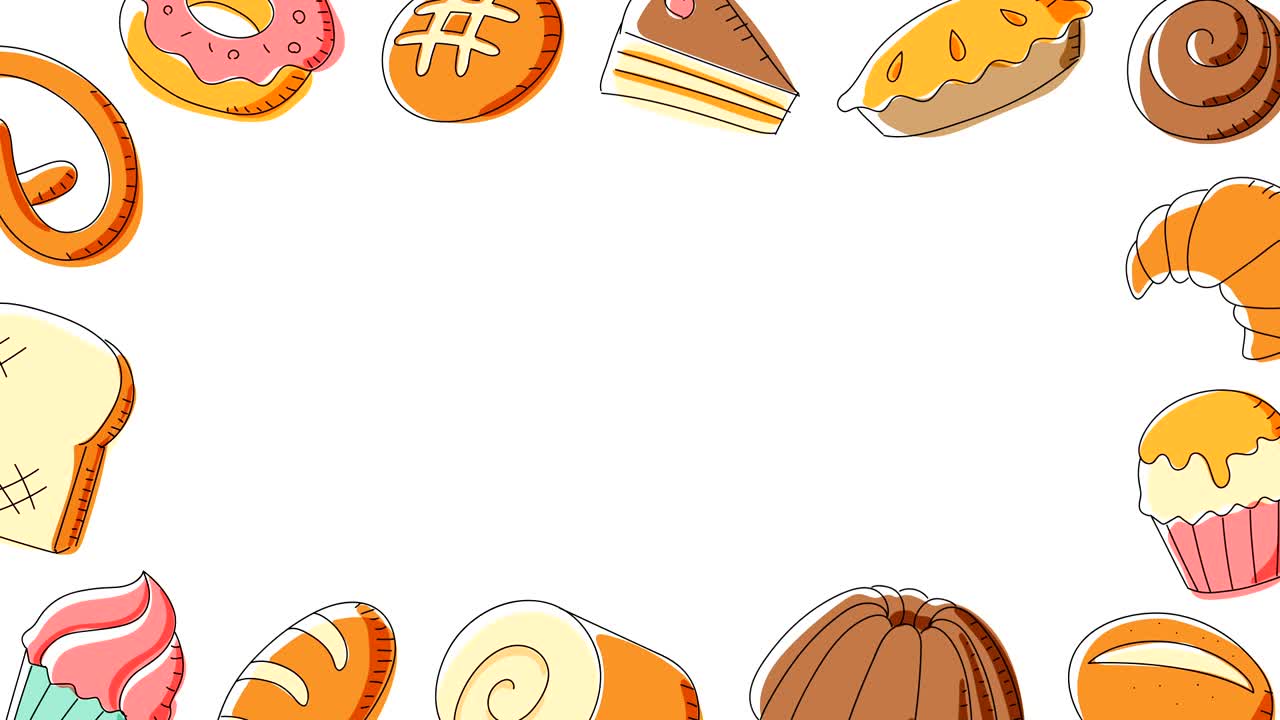 patrón de marco móvil de panadería fondo dibujos animados ilustración de dibujo a mano aislada en fondo blanco animación de bucle sin costuras 4k, con espacio de copia central