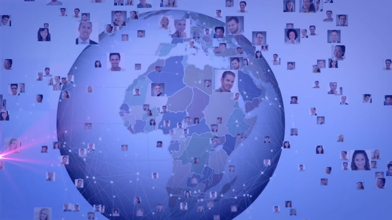 Global network of diverse professionals over rotating digital Earth animation