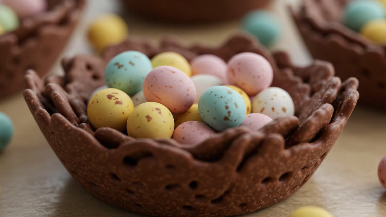 Colorful Chocolate Nest Baskets Filled with Speckled Candy Eggs in Delicate Nesting Bowls, Perfect for Easter Celebrations and Festive Treats