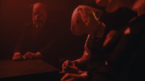 masked men playing cards in a smoky room