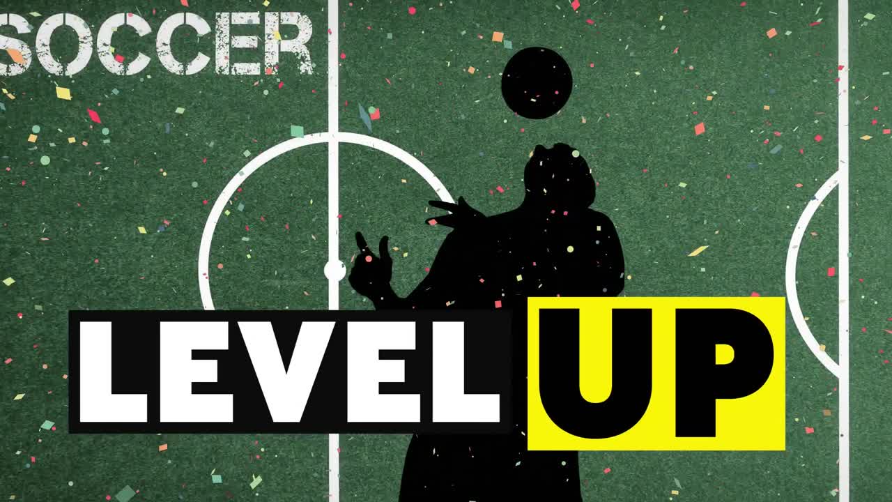 축구장 에 있는 선수 의 실루 ⁇  위 에 떨어지는 금색 콘페티 와 함께 단어 의 수준 을 높이는 애니메이션