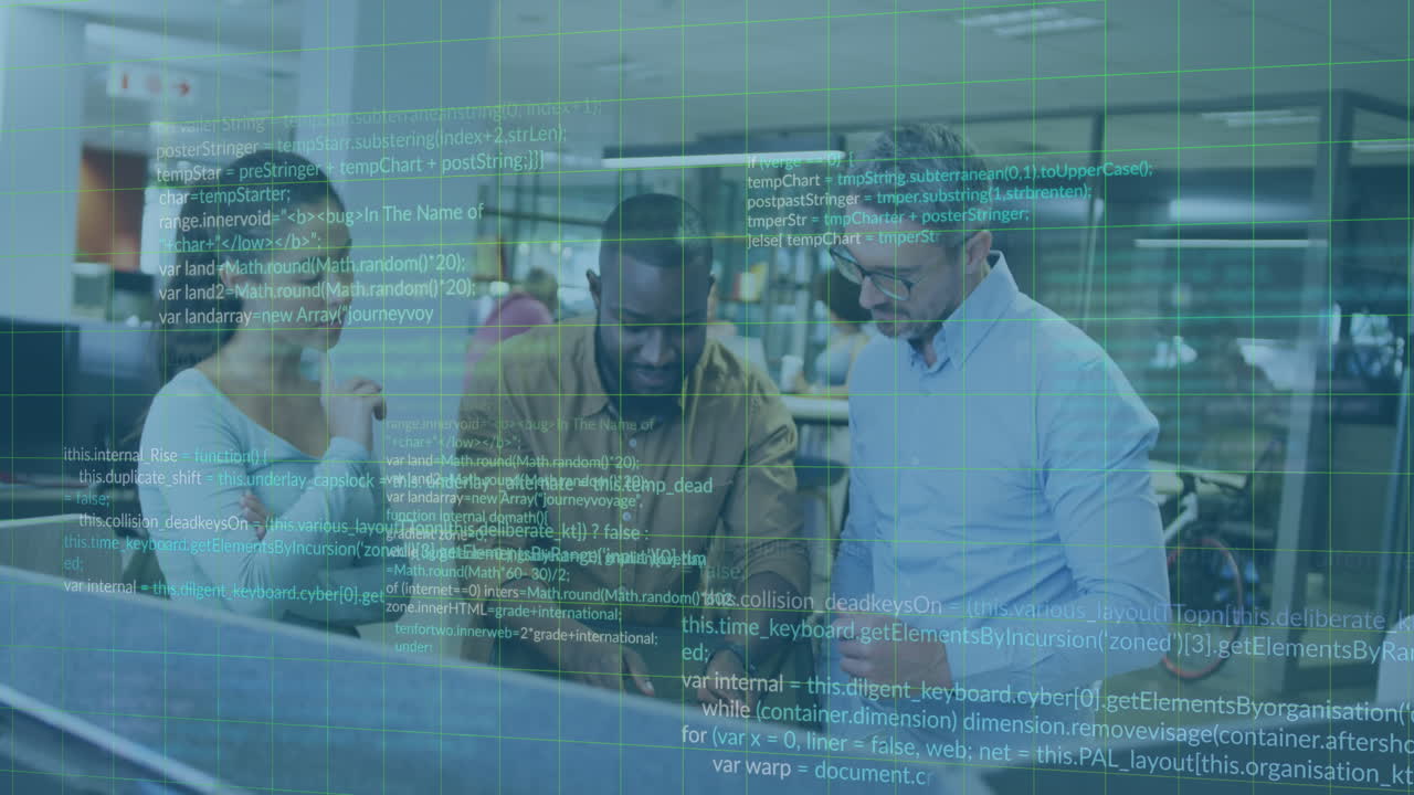 Animation of financial data processing over diverse business people in office