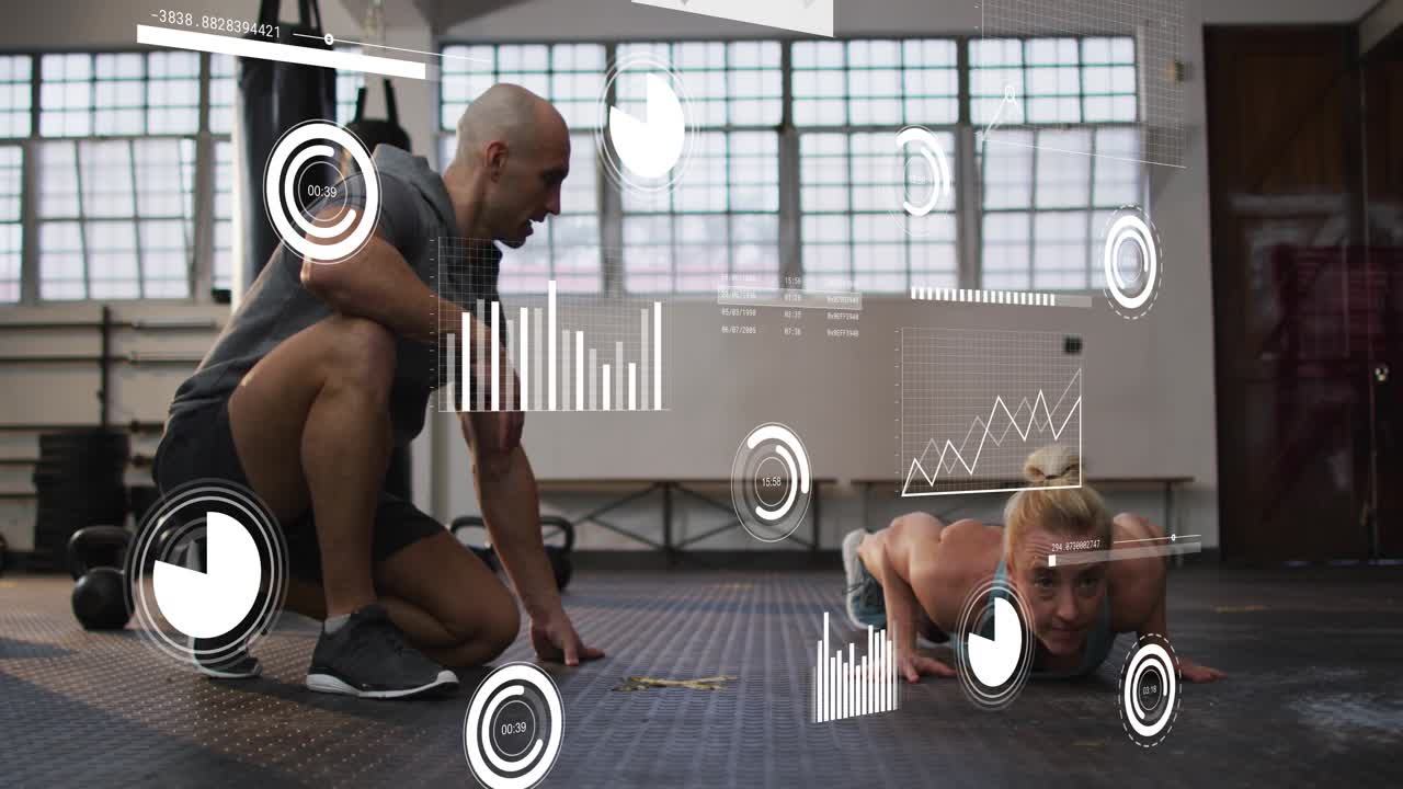 Female client doing push-ups while coach cueing and guiding form, HUD timers updating for fitness