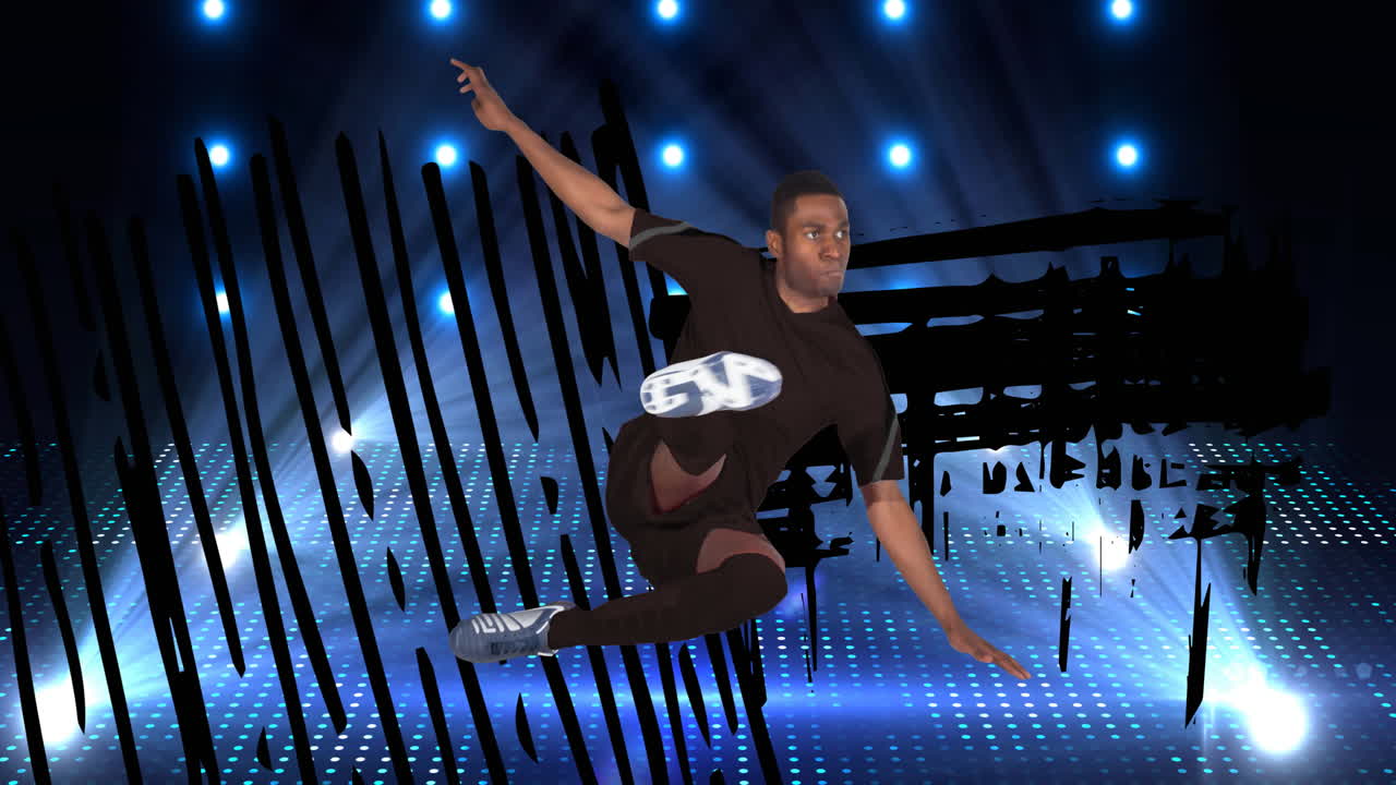 animación de un jugador de fútbol sobre garabatos negros y luces puntuales