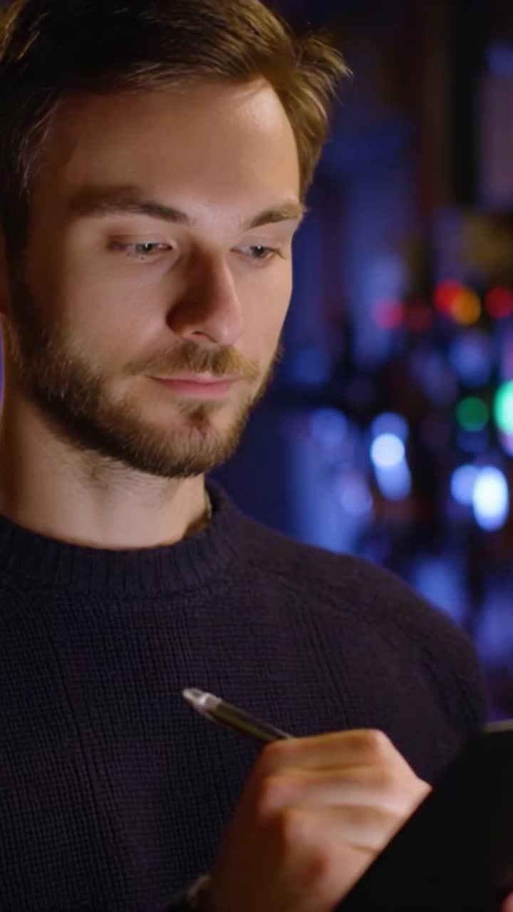 Focused individual engaged in writing on a notepad, illuminated by soft light, capturing the essence of creativity and concentration in a cozy environment