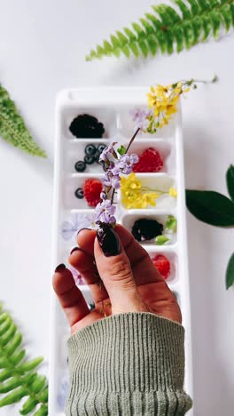 hand holding flowers and berries in ice cube trays