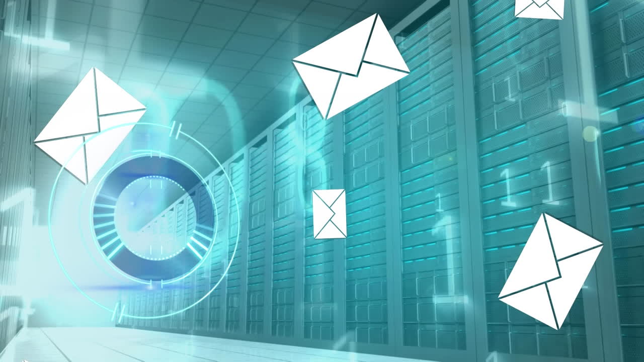 Animation of processing circle and emails floating over server room