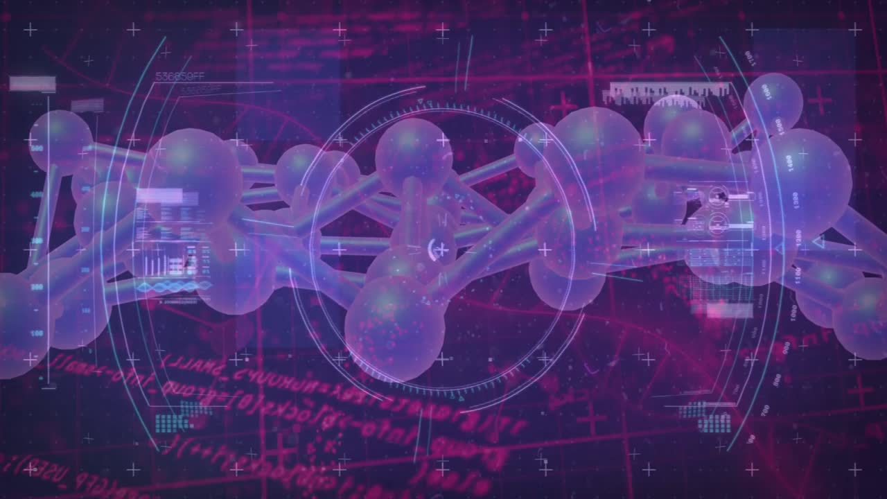 Purple molecular chain drifting and rotating while HUD rings pulsing, blue scan starting analysis