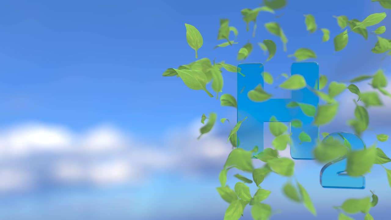 녹색 잎은 h2 기호를 중심으로 회전합니다. 하늘 배경에 녹색 수소 개념. loopable