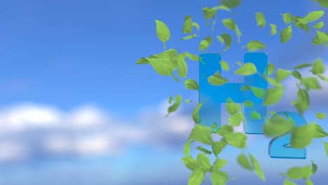 las hojas verdes giran alrededor del símbolo h2. concepto de hidrógeno verde en el fondo del cielo. loopable