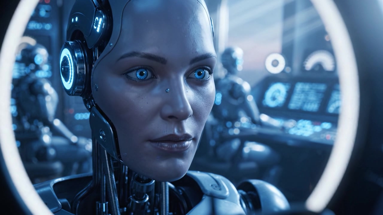 Intricate Portrait of a Futuristic Female Robot in a High-Tech Environment with Advanced Machinery, Emphasizing Emotion and Interaction in a Sci-Fi Setting