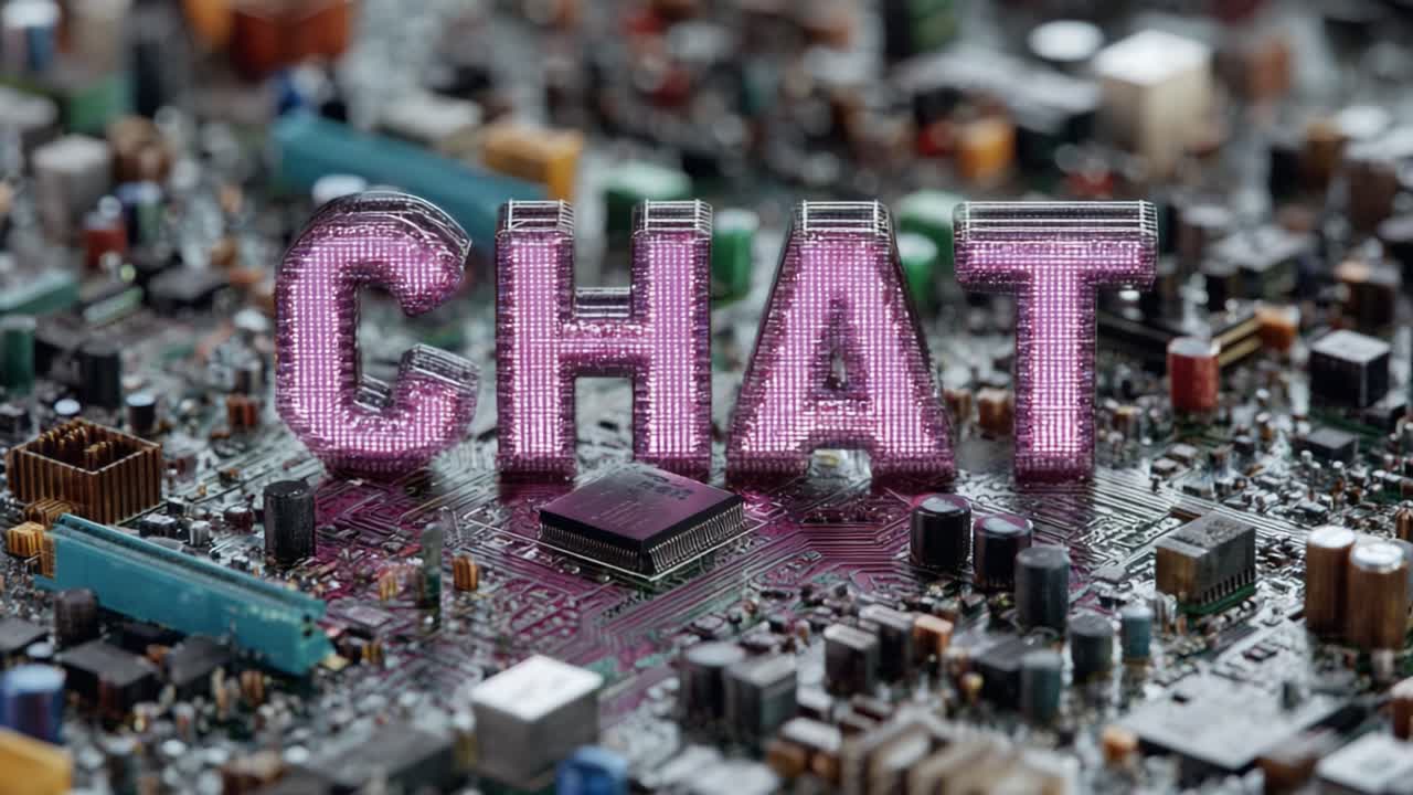 An Intricate Assembly of Microchips and Circuitry Highlighted by the Glowing Word 'CHAT', Illustrating the Intersection of Technology and Communication