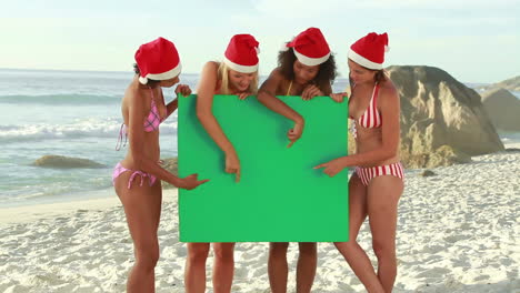 Four-girls-wearing-christmas-hats-at-the-beach