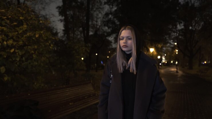Woman Walking in a Night Park