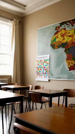 classroom with large world map