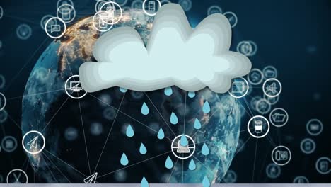 Animation-of-cloud-with-rain-icon-and-network-of-connections-over-globe