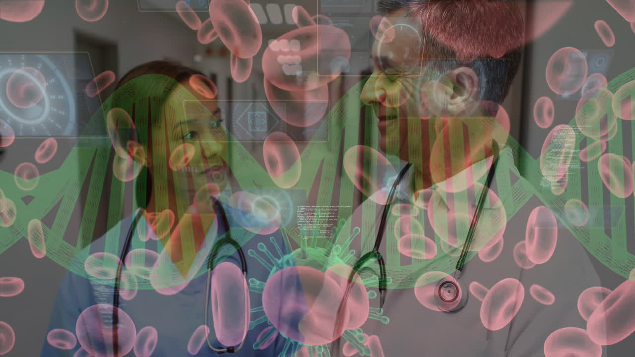 웃는 남성과 여성 의사가 토론하는 dna 가닥과 혈액 세포의 애니메이션