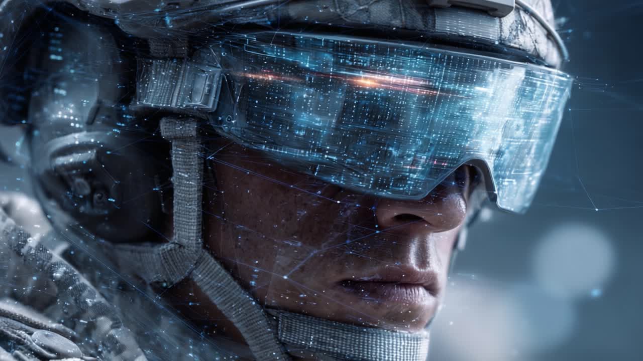 Soldato futuristico con visore avanzato di realtà aumentata mostra resilienza e concentrazione in un ambiente ad alta tecnologia, fondendo prontezza al combattimento con tecnologia all'avanguardia.