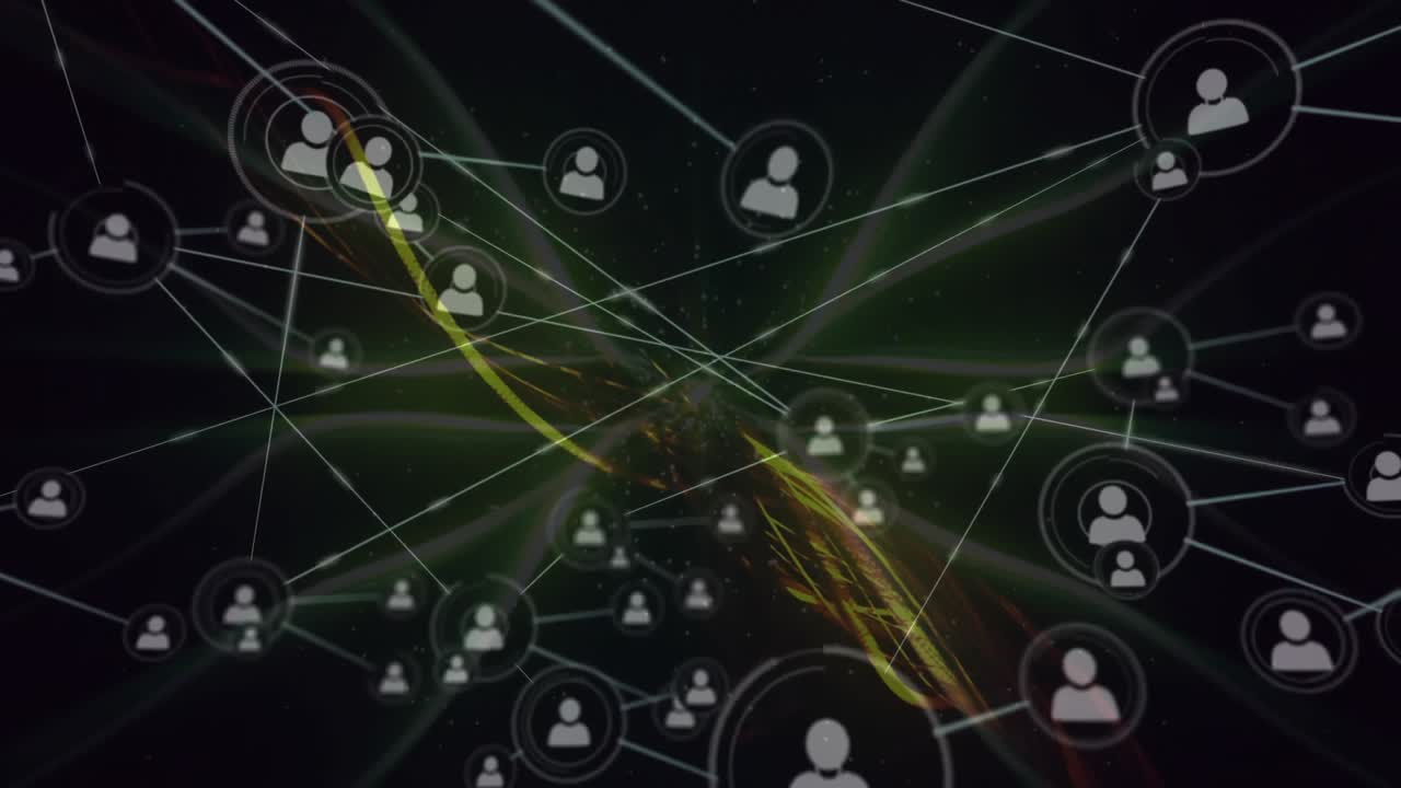 Digital network streaming through cosmic void, linking user-node icons with thin white lines
