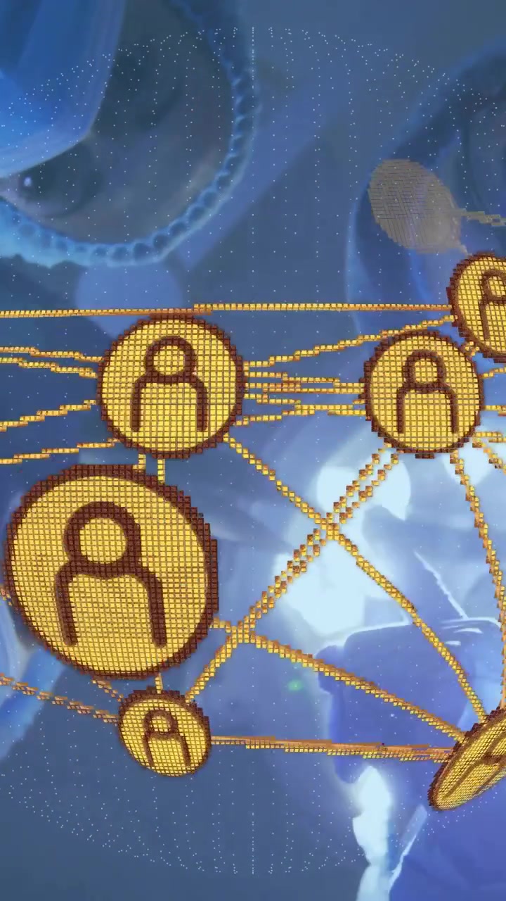 Vertical video: Gold node network rotating as camera pans, linking tokens, visualizing tech growth